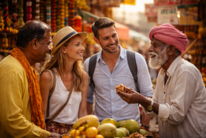 Des Français en communication avec des Indiens locaux