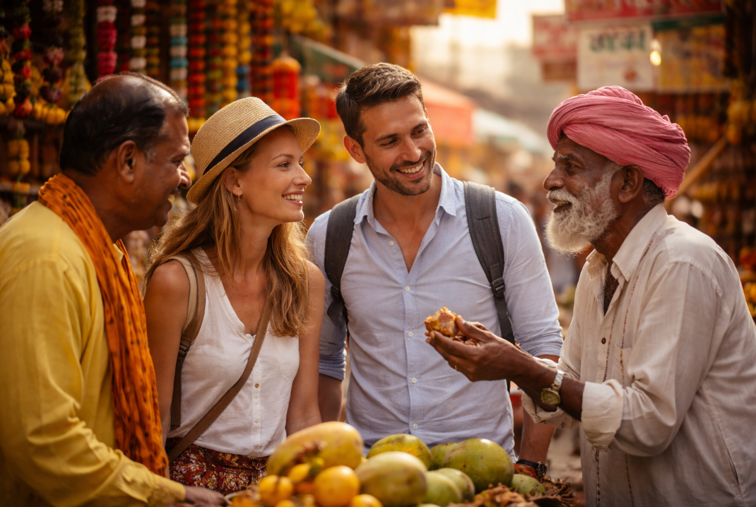 Des Français en communication avec des Indiens locaux