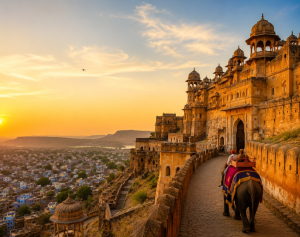 Le fort patrimonial du Rajasthan illuminé par un coucher de soleil doré